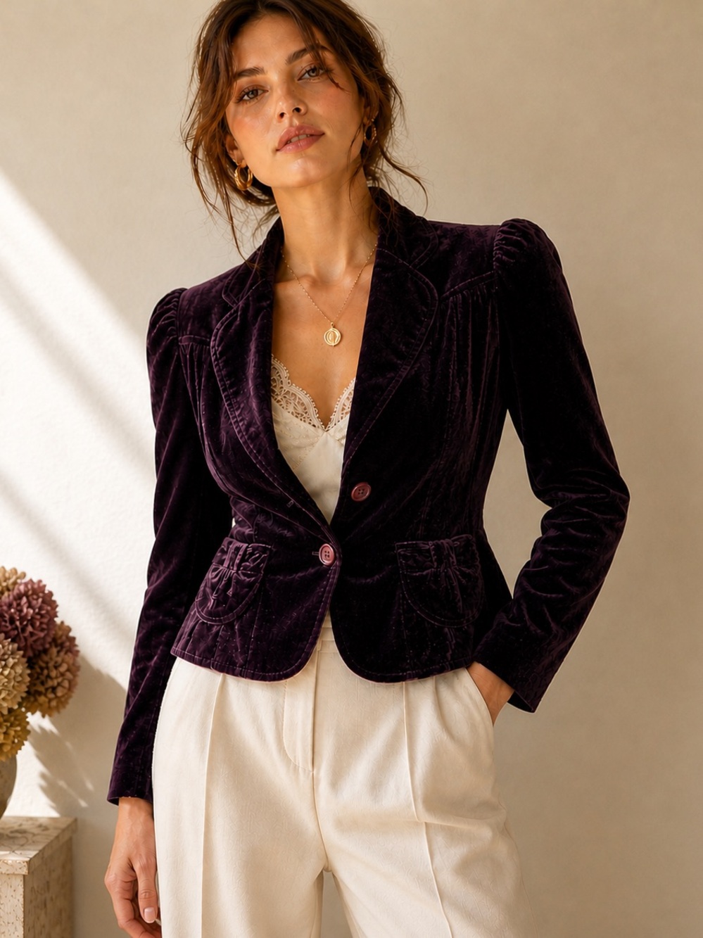 Bandolera Plum Velvet Tailored Peplum Blazer Jacket